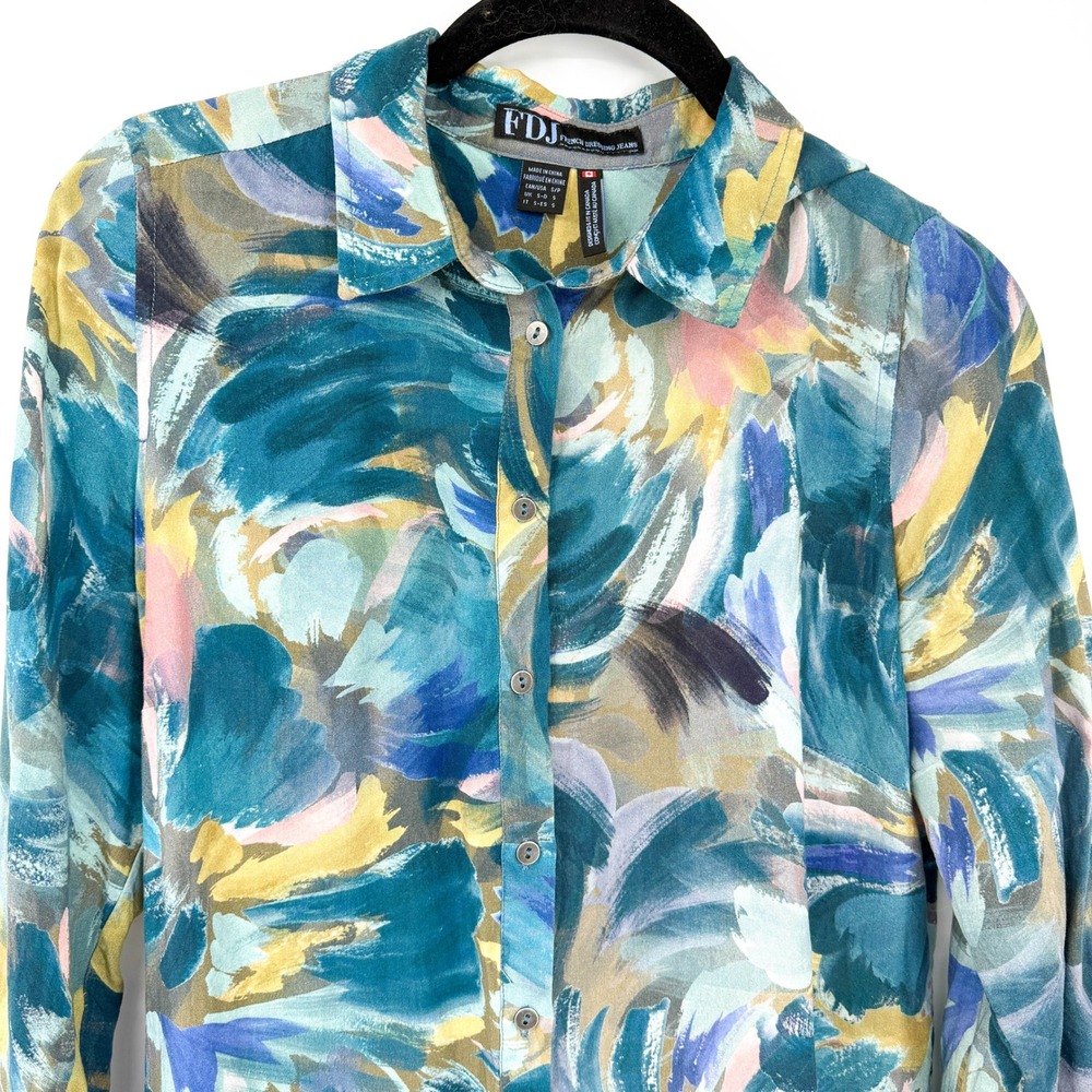 FDJ French Dressing Jeans Abstract Brushstroke Button Down Blouse Teal Small - Picture 2 of 8